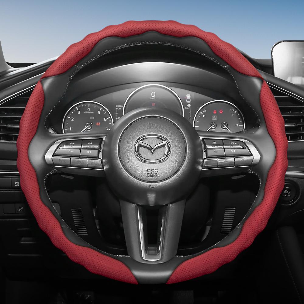 zkfan8 Suitable for Mazda Steering Wheel Cover with Wavy Sports Design, Breathable Leather, Segmented Anti-Slip, Sweat-Absorbing Protective Cover,