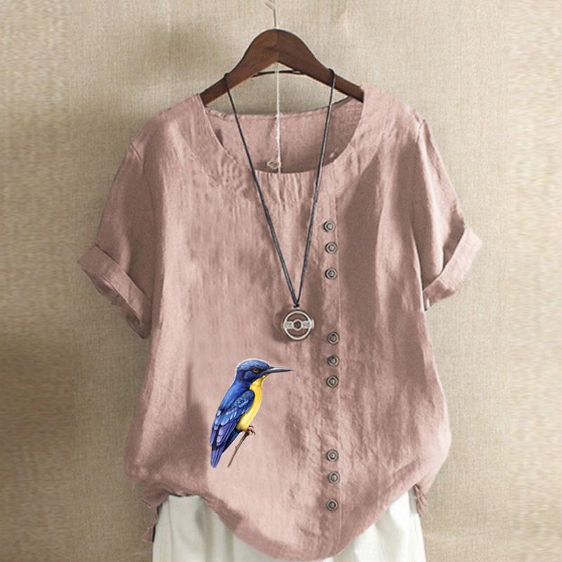 Women's Fashion Bird Prined Round Neck Short Sleeve T-shirt Casual Cotton Linen Graphic Shirt Leisure Loose Summer Blouse Tops