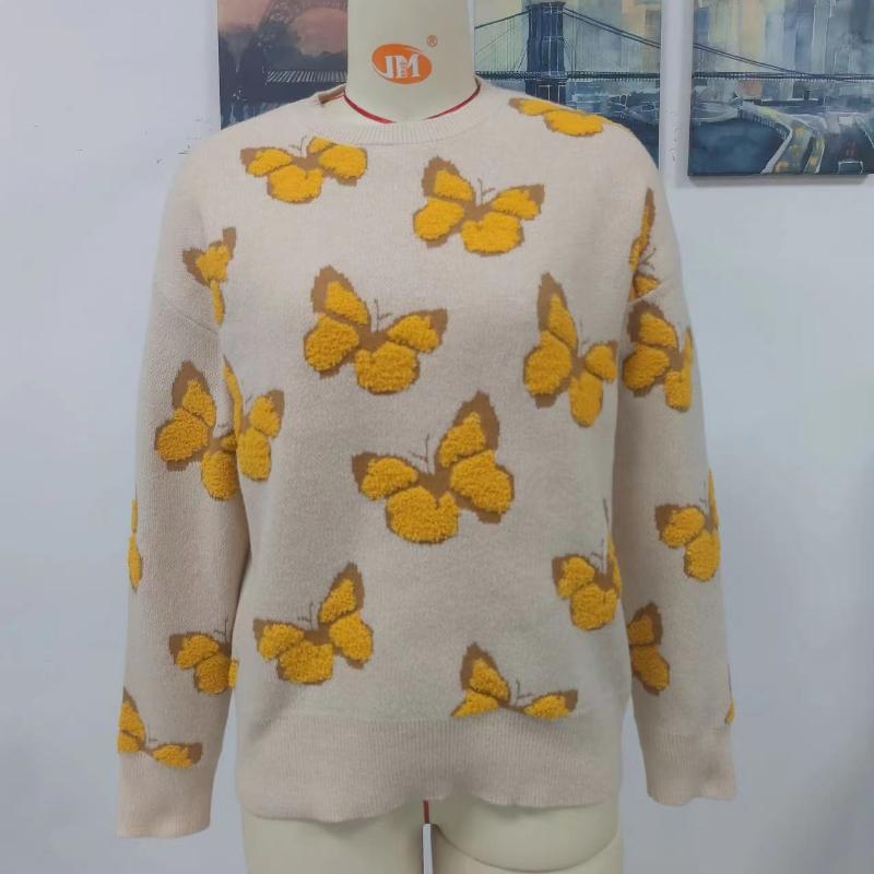 IHUASU Winter Printed Butterfly O-Neck Women's Loose Plus Size Knitwear Pullover Sweater