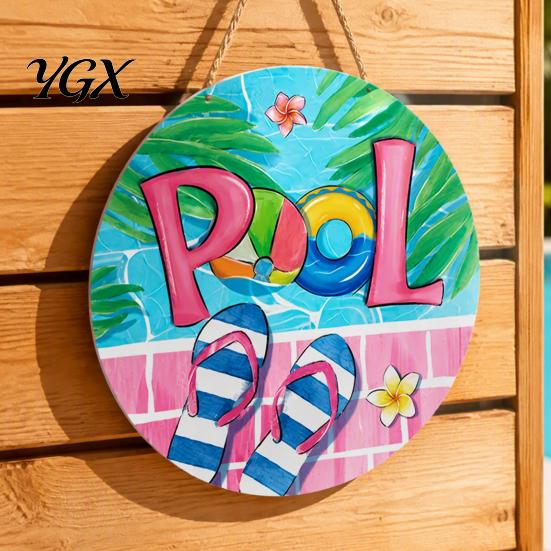 Vertical Wooden Sign Summer Pool Hanging Sign, Weather Resistant Solid Wood Plaque with Decor Hemp Rope for Outdoor Beach Party And Swimming