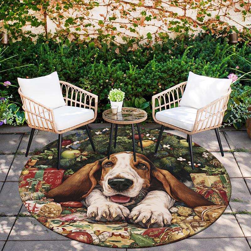 Christmas Basset Hound pattern round rug,Carpet Rug for Living Room Bedroom  Playroom ,Non-slip Floor Mat,Holiday Gifts and Birthday Gifts.