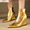 Fashion Wedge Women's Ankle Boots Point Toe Gold Silver Heels Short Boot Zipper Wedges Dance Party Winter Shoes Lady Big Size 45 Brand