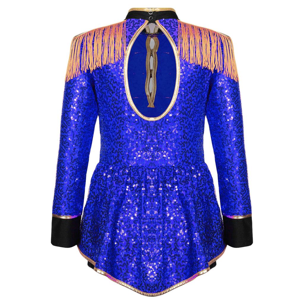 Girls Circus Drummer Costume Long Sleeve Sequined Bodysuit Fringe Epaulet Shoulder Mini Top Hat Accessory