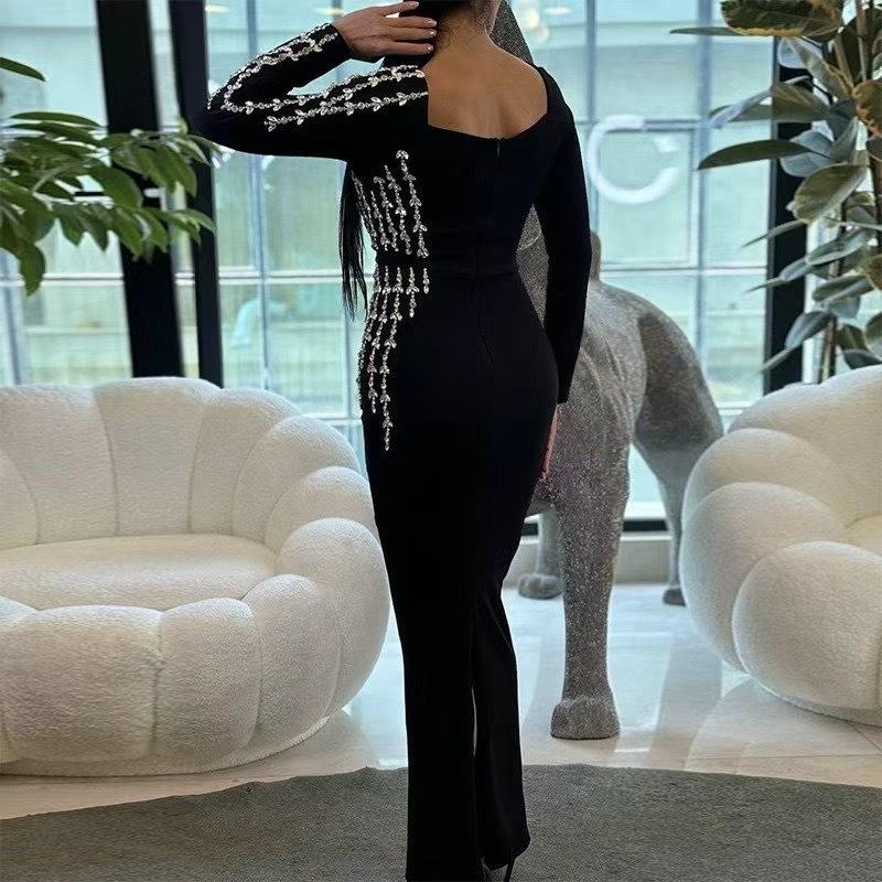 Европейское и американское роскошное платье-бандаж с квадратным вырезом и стразами - Приталенное, элегантное вечернее платье для светской львицы.