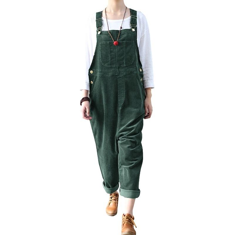 Vintage Women Corduroy Overalls Dungarees Solid Color Bib Pants Sleeveless Loose Jumpsuits Rompers