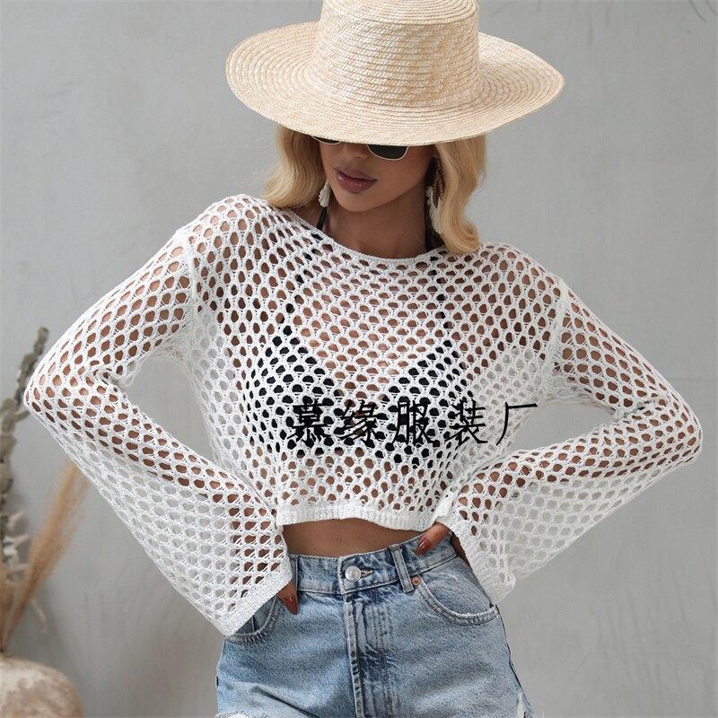 Весна и Лето Новый Пуловер Вязаный Свитер Рукав-труба Свободный Круглый вырез Ажурный Свитер Женский