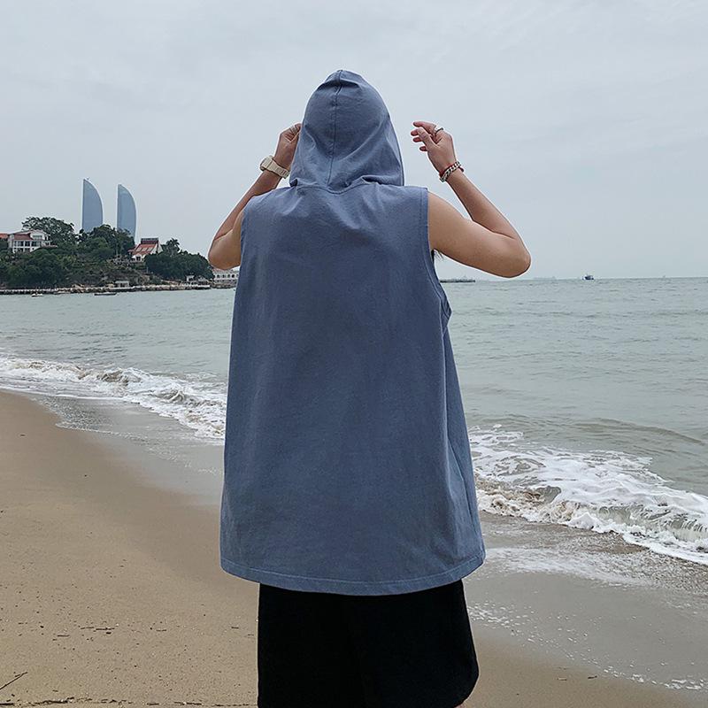 2022 Summer Men's Hip Hop Hooded Sleeveless Tank Top - Trendy Solid Color for Students