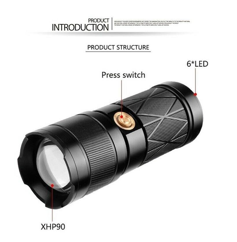 Самый мощный XHP90 + 6 * светодиодный супер яркий двойной фонарик со встроенной батареей