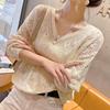 V-neck Crocheted Hollow Knitted Three-quarter Sleeve Blouse Women's Thin Spring Loose Bat Shirt Short Top