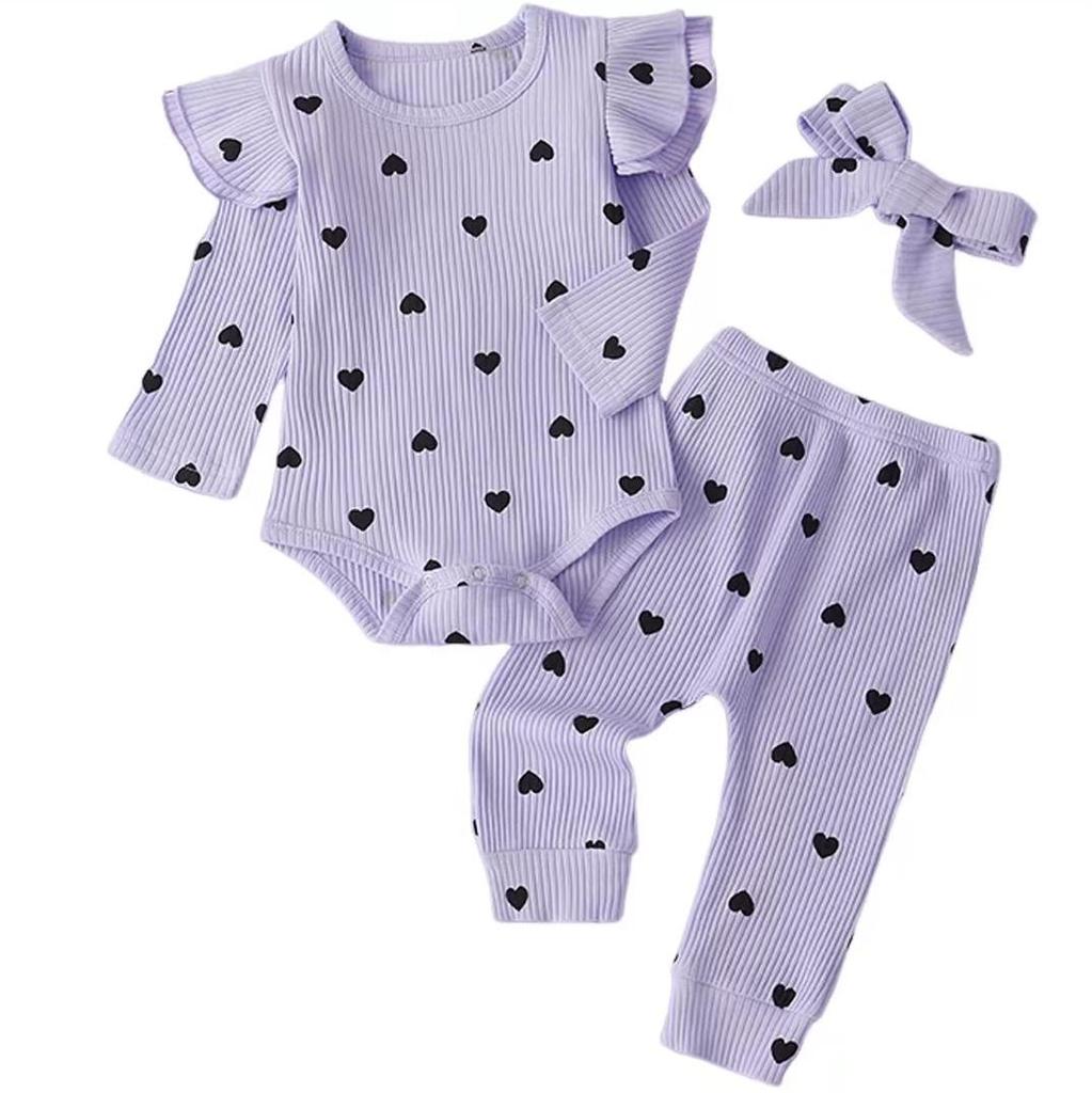 2023 Autumn/Winter Heart Print Romper for Baby Girls – Multicolor, Long Sleeve, Bowknot Accent
