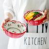 1pc Red Cherry Design Bowl Ceramic Salad Bowl Pasta Oatmeal Bowl Pudding Backing Bowl Microwave Safe Dinnerware