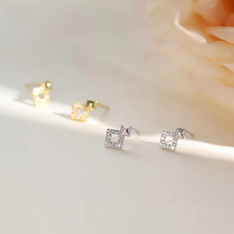 Серьги-гвоздики из стерлингового серебра S925, женские, модные, высокого качества, с геометрическим узором и бриллиантами, квадратные серьги