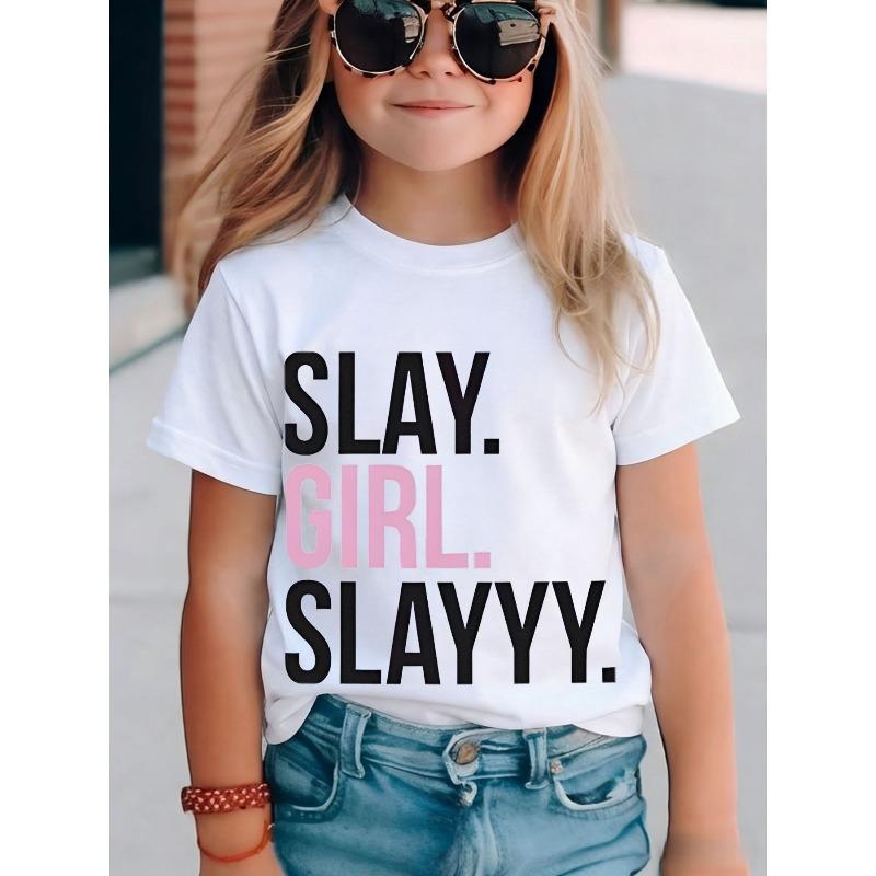 Европейские размеры SLAY GIRL SLAYYY Модная уличная футболка с узором - Повседневная с круглым вырезом, короткий рукав, черный, минималистичный графический дизайн