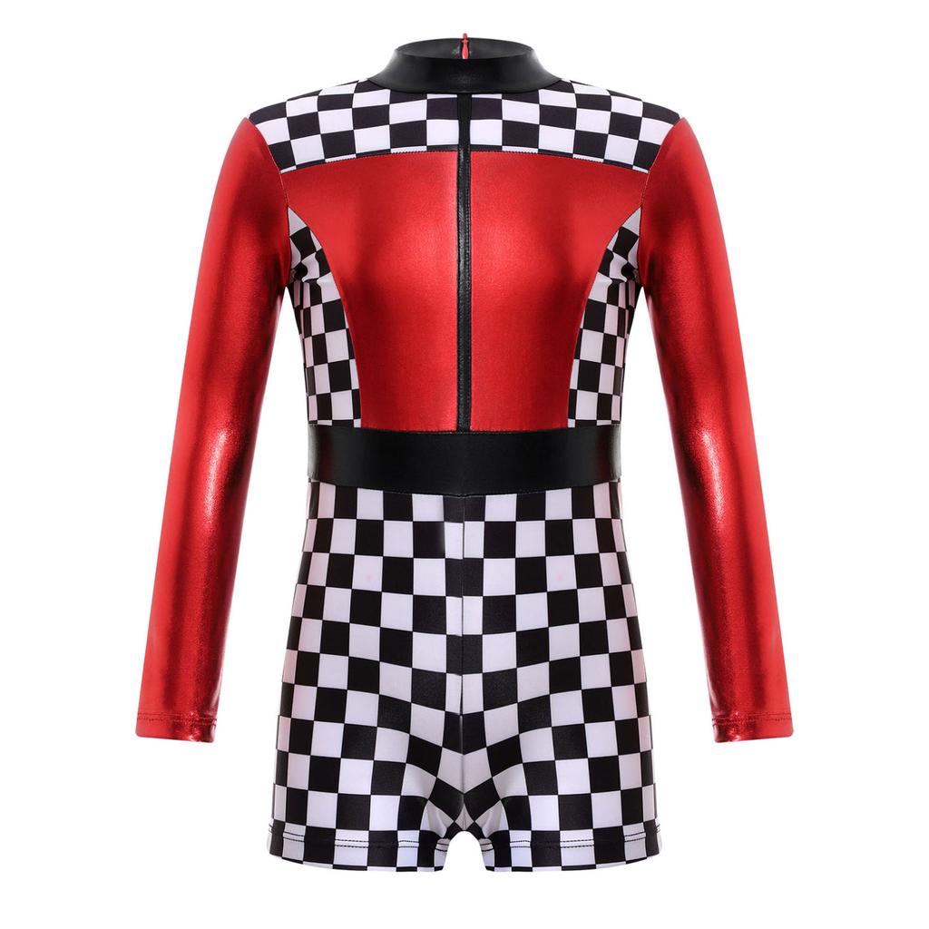 Детский комбинезон с длинными рукавами и принтом шахматной доски для девочек Biketard, костюм гонщика, карнавальный костюм для Хэллоуина, гимнастический костюм для танцев