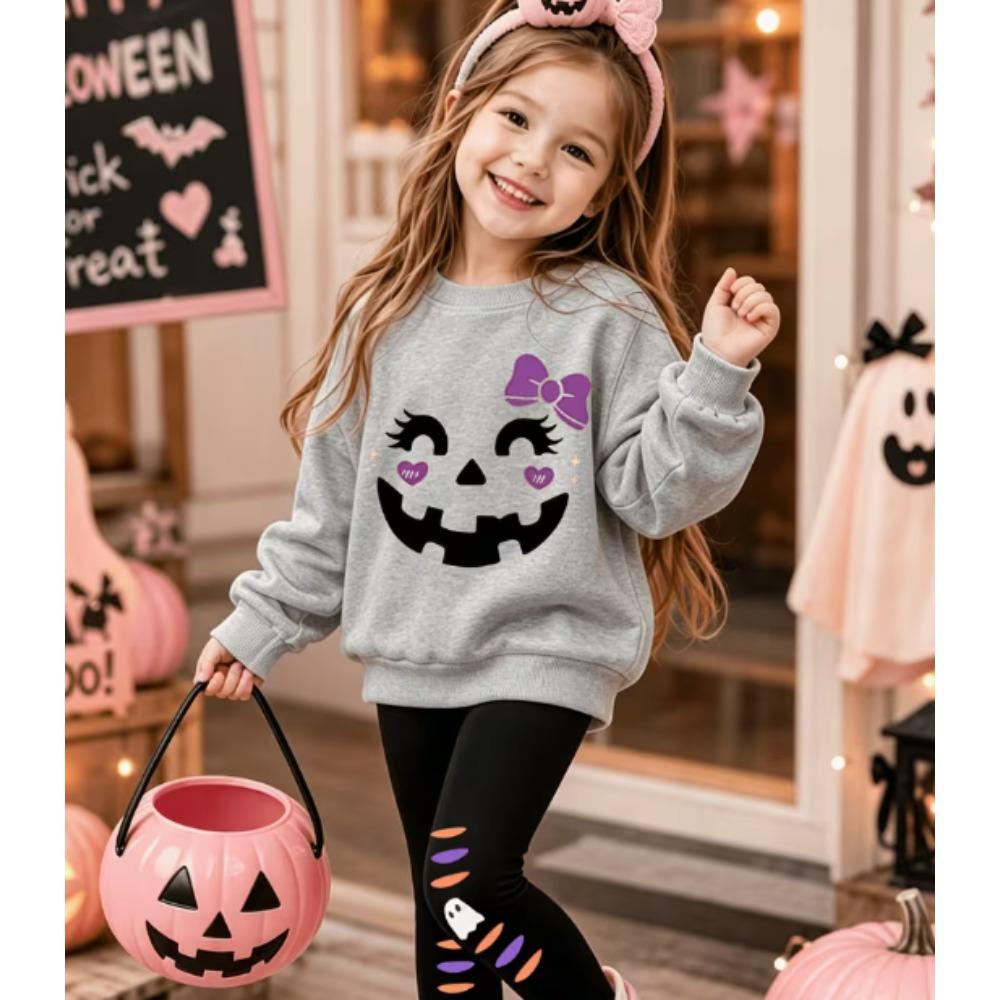Girls' Halloween Pumpkin Casual Comfortable Soft Loose Pullover Sweatshirt and Leggings 2-Piece Set, New Autumn/Winter, Playful, Sweet and Cool Style