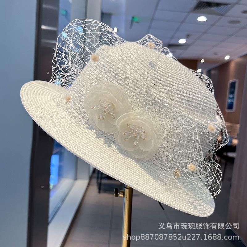 French sun hat mesh flower sun hat British flat top straw hat sun protection sun shade beach hat fashion hat top hat