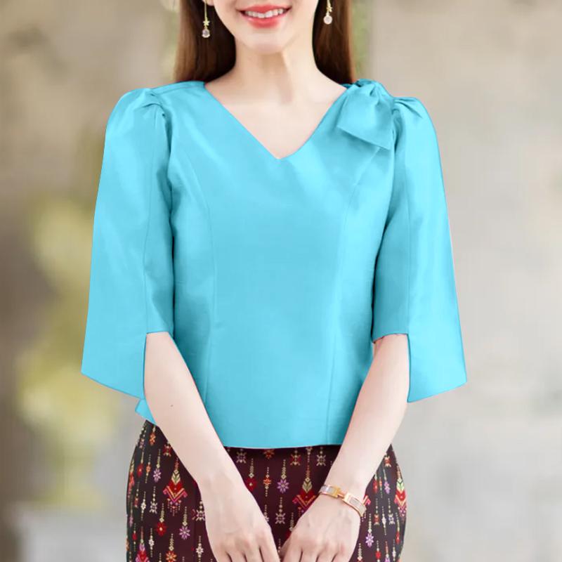 ZANZEA Женская летняя свободная повседневная блузка с V-образным вырезом и рукавом 3/4