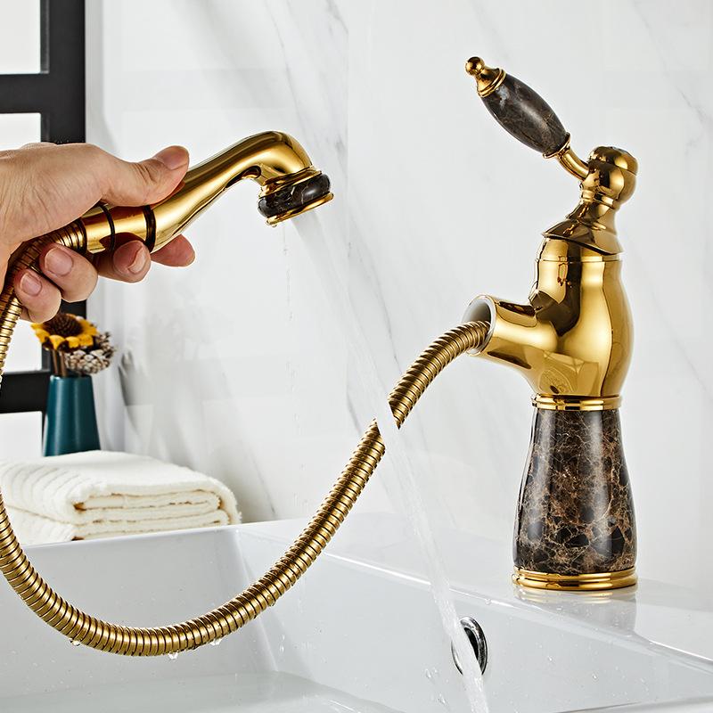 Смесители для раковины в ванной комнате цвета розового золота, смеситель для раковины в ванной комнате с нефритом, смеситель для горячей и холодной воды, выдвижной смеситель для раковины