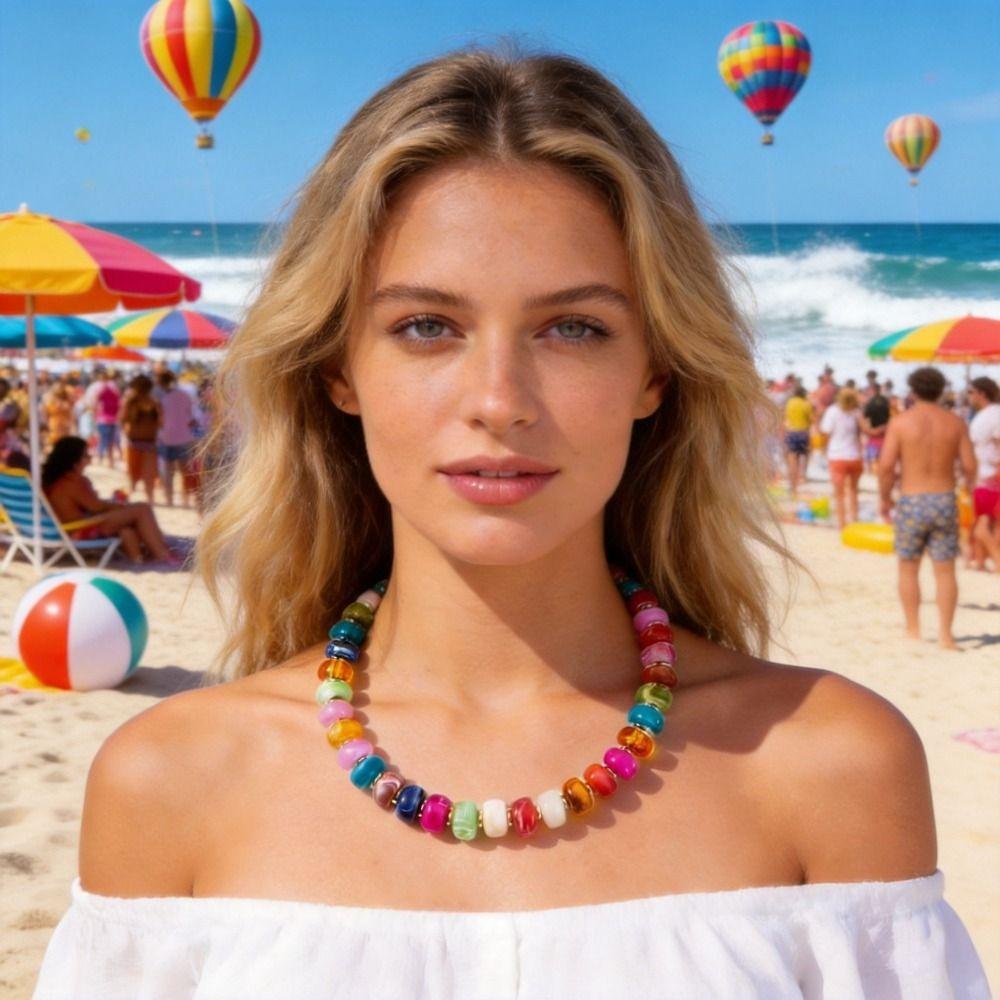Candy Color Women Choker Large Clavicle Chain Aesthetic Beaded Necklace Jewelry Gift