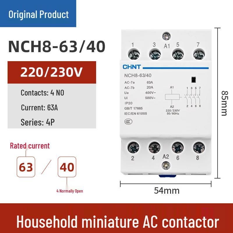 Однофазный AC контактор Chint NCH8-20/20, 20А, 240В, 2P, для монтажа на DIN-рейку