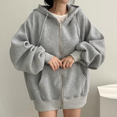 Свободные толстовки для женщин, осень-зима, новая повседневная толстовка на молнии с длинными рукавами, шикарная винтажная однотонная толстовка на завязках