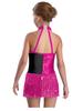 Girls Color Block Latin Dance Leotard Shiny Sequins Tassel Halter Sleeveless Backless Bodysuit Performance Costume