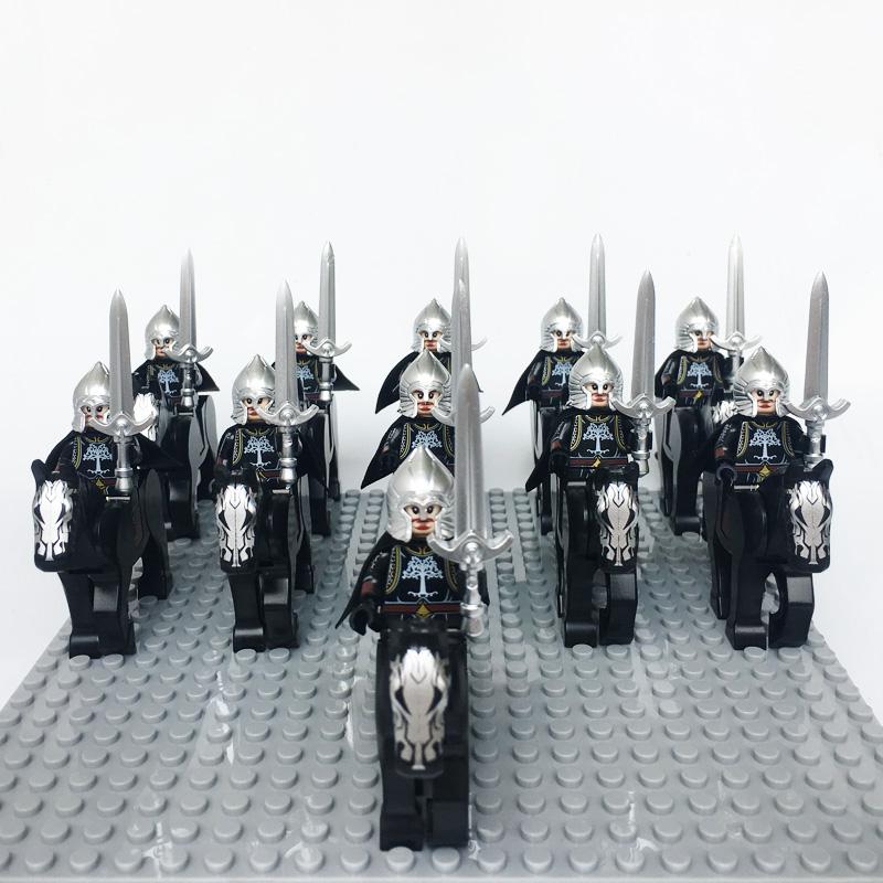 Medieval Knights Castle Cavalry Rohan Soldiers Guard Army Lotr Cavalier With Weapon Armor Helmet Shield and Horse Figure Blocks