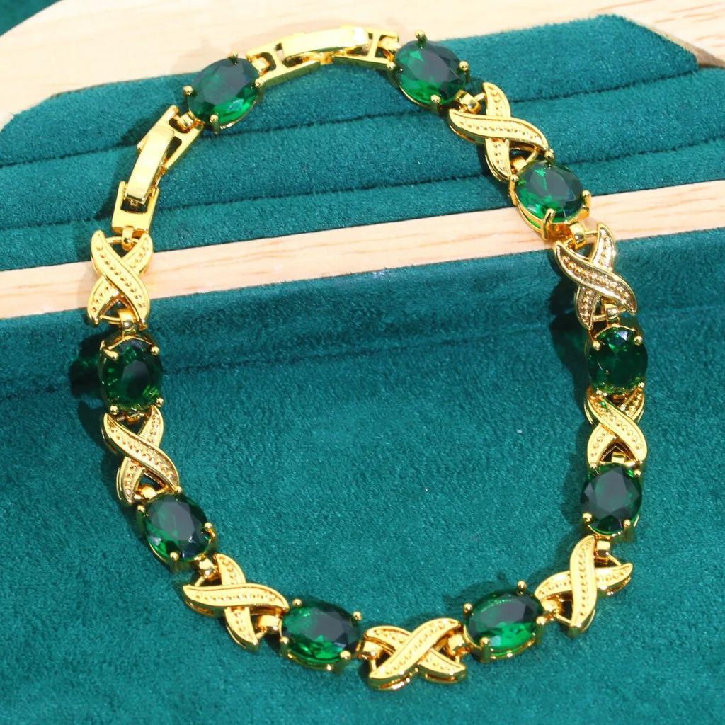 Зеленый циркон золотого цвета Свадебные ювелирные наборы для женщин Серьги для свиданий Ожерелье Кулон Кольцо Браслет Подарки для свиданий