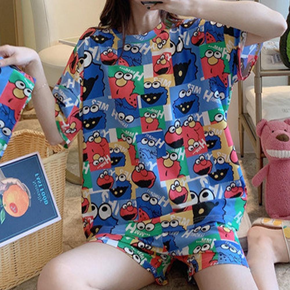 Printed Pajamas Cartoon Suit 2pcs Women Summer Short Sleeve T Shirt And Shorts