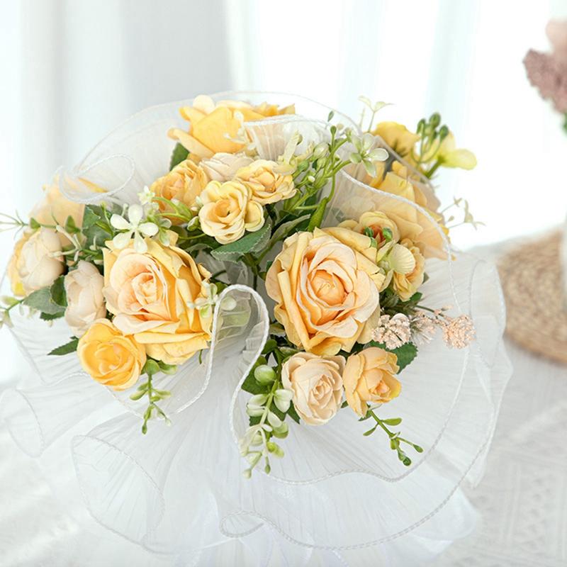 23/30cm White Artificial Roses Bride Bouquet Flowers With Ribbon Romantic Wedding Party Decoration DIY Bridal Floral Bouquets