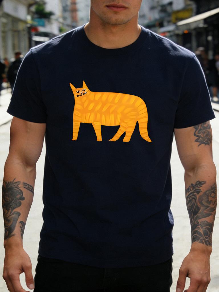 Unisex Navy Tee Abstract Orange Tabby Cat Art Print Short Sleeve Loose Casual Street Basic Top For Adult Male Daily Wear Outfit