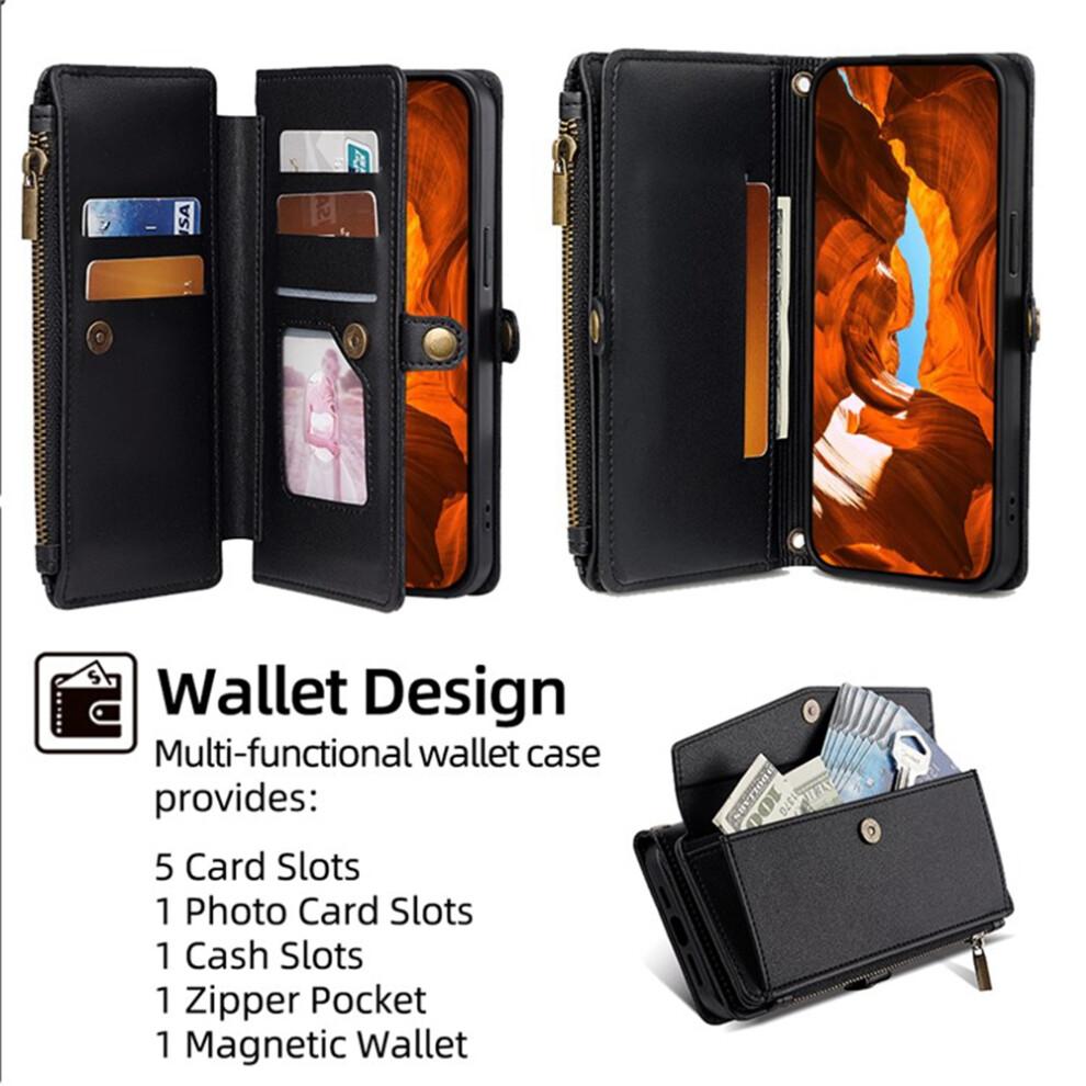 (Black) For iPhone 17 Case Card Slots Zipper Purse PU Leather Phone Cover with Shoulder Strap