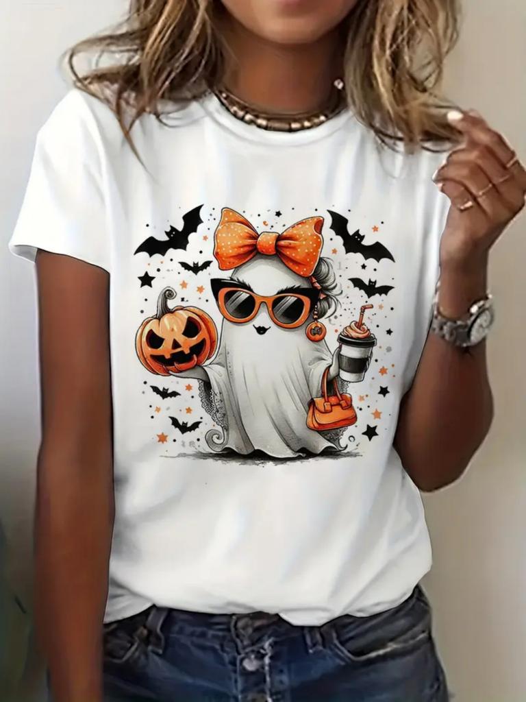 Spooky Ghost with Pumpkin and Coffee Halloween Graphic T-shirt