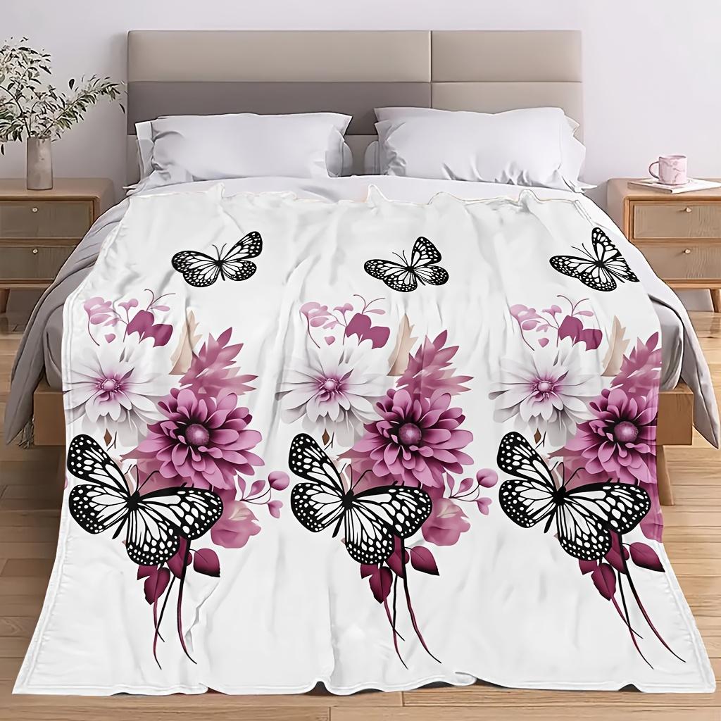 Comfortable Floral Butterfly Pattern Blanket Soft High-Definition Digital Print All-Season Use! Soft Breathable 100% Polyester Cooling Blanket Perfect
