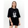 Oversized T Shirt Black Abstract Alien Face Print Casual Streetwear Fashion Top for Women and Men