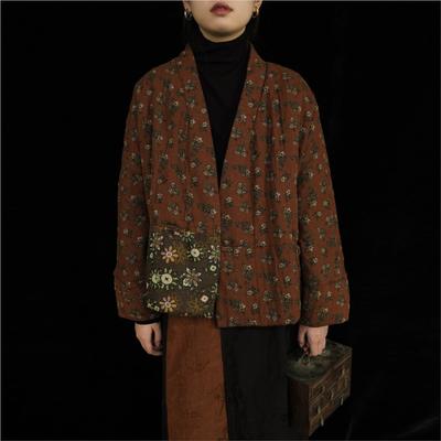 Женские винтажные пальто с цветочным принтом, V-образным вырезом и длинным рукавом, зимние пальто на одной пуговице в китайском стиле