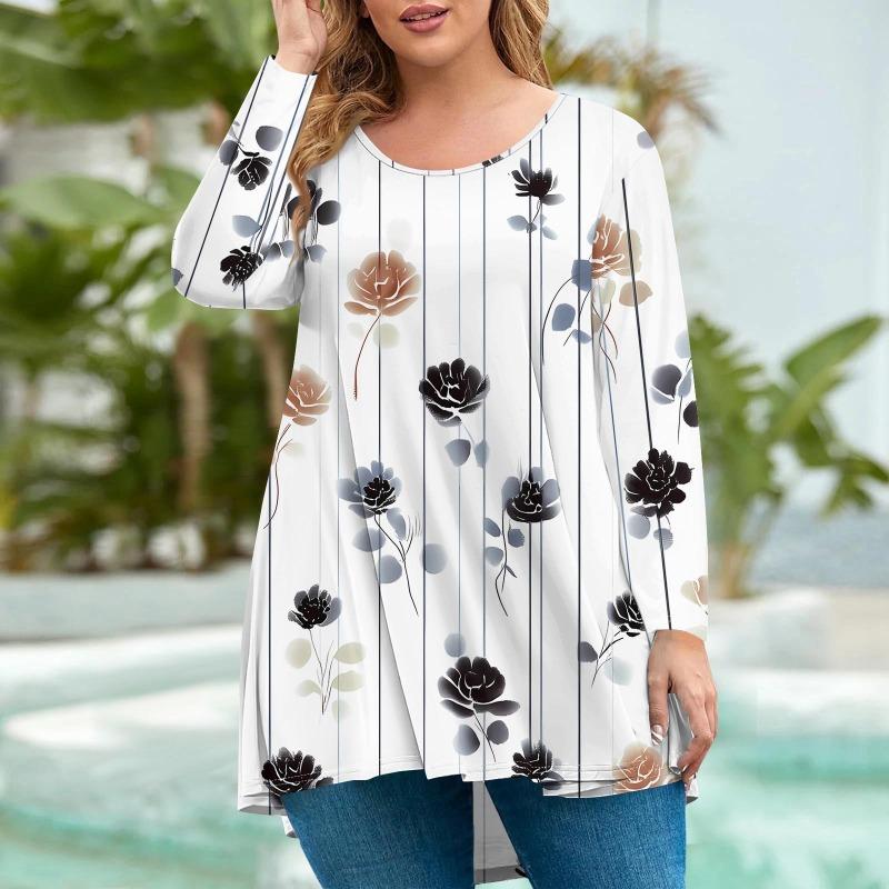 Женская мода большого размера с круглым вырезом и длинным рукавом, повседневный свободный пуловер с принтом, топ, футболки женские