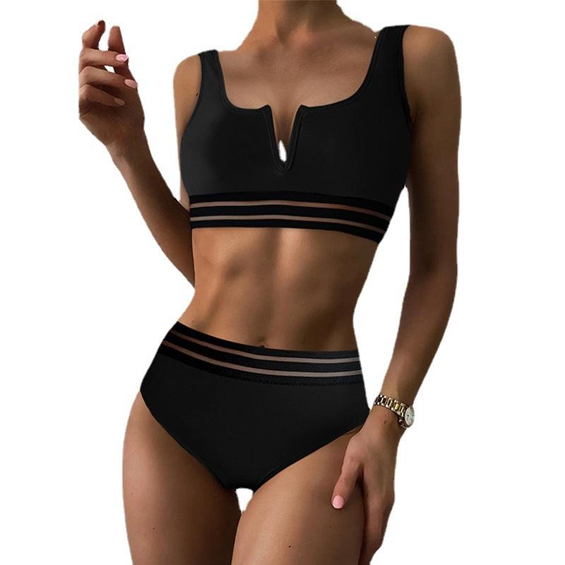 Swimsuit Women's Split Triangle High Waist Black Halter Neck Backless Solid Color Bikini Sets