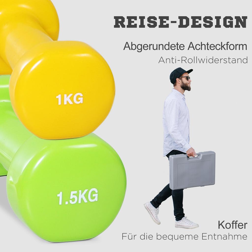 Dumbbell Set, 4 Pairs of Dumbbells with Case, 0.5 kg/1 kg/1.5 kg/2 kg, Iron+Plastic, Red Yellow Green Purple