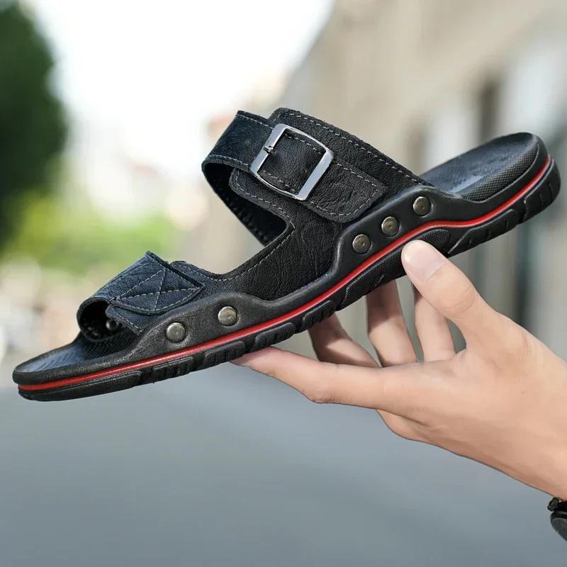 High Quality Casual Leather Sandals Men Comfy All-match Slipper 2025Summer Flat Designer Walking Shoes Beach Breathable Slippers