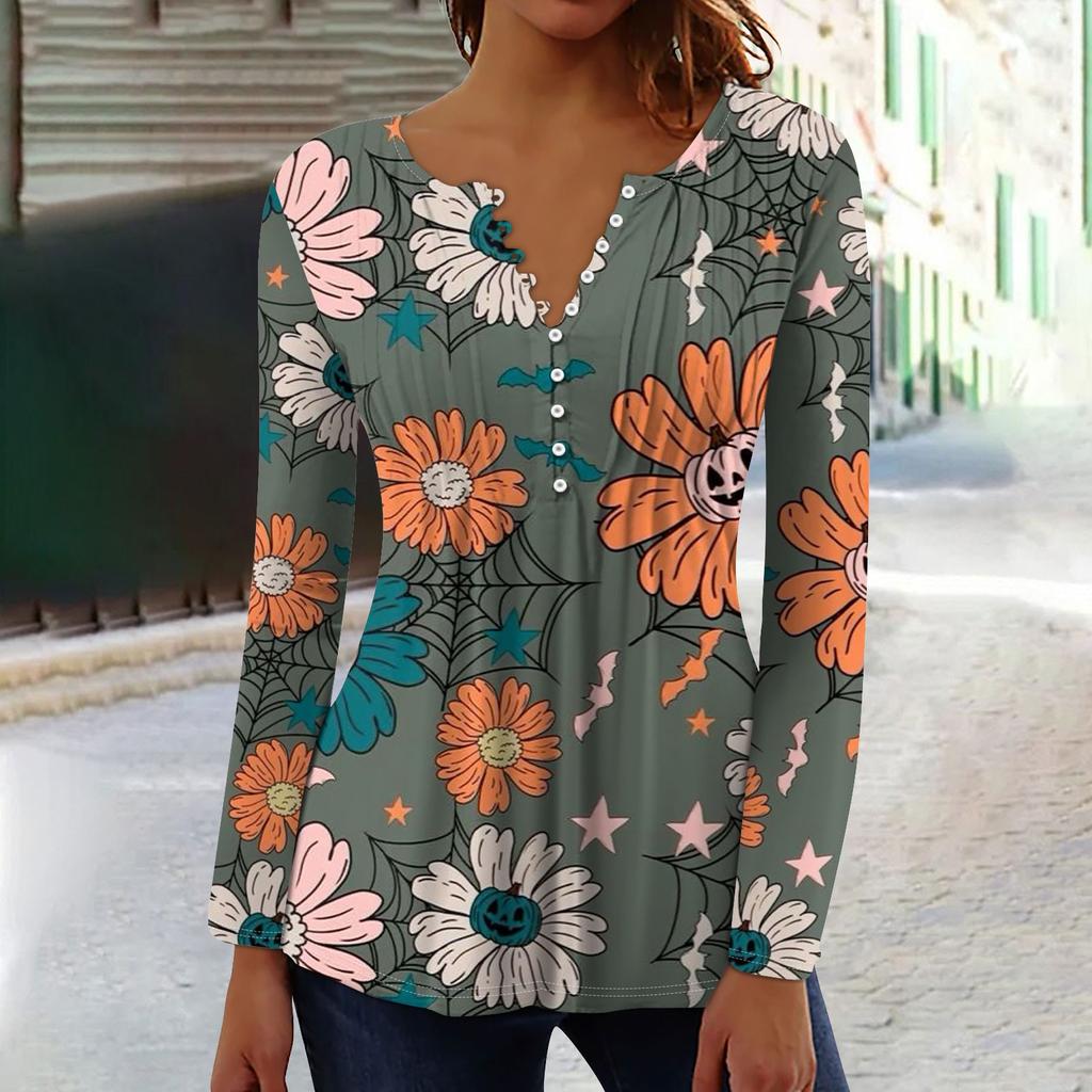 Женский топ с длинными рукавами и плиссированным воротником на пуговицах с принтом Хэллоуина, весна-осень