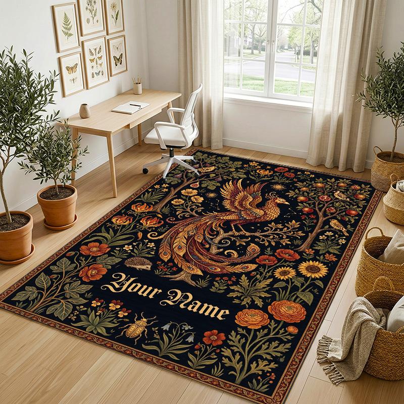 Dragon Phoenix Theme Crystal Velvet Rug Personalized Custom Name Text Soft Floor Mat Home Decor