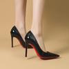 "2023 Black Patent Leather Red Bottom Stiletto Heels - Pointed Toe, High-End Sexy Pumps for Nightclub & Work"