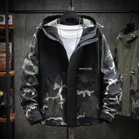 Men Hoodie Jacket Camouflage Patchwork Loose Windbreaker Spring Autumn Washable Zipper Outwear Streetwear