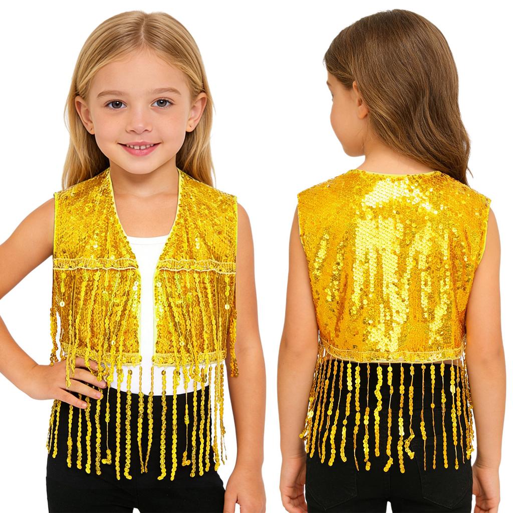 Sparkly Sequin Fringe Vest for Girls: Sleeveless Open Front Crop Top Waistcoat with Tassels, Perfect for Dance Recital & Show