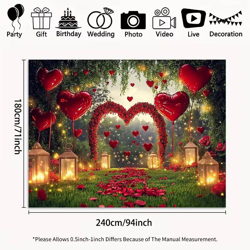 2D Romantic Valentine's Day Backdrop Red Heart Balloon Rose Arch Party Background