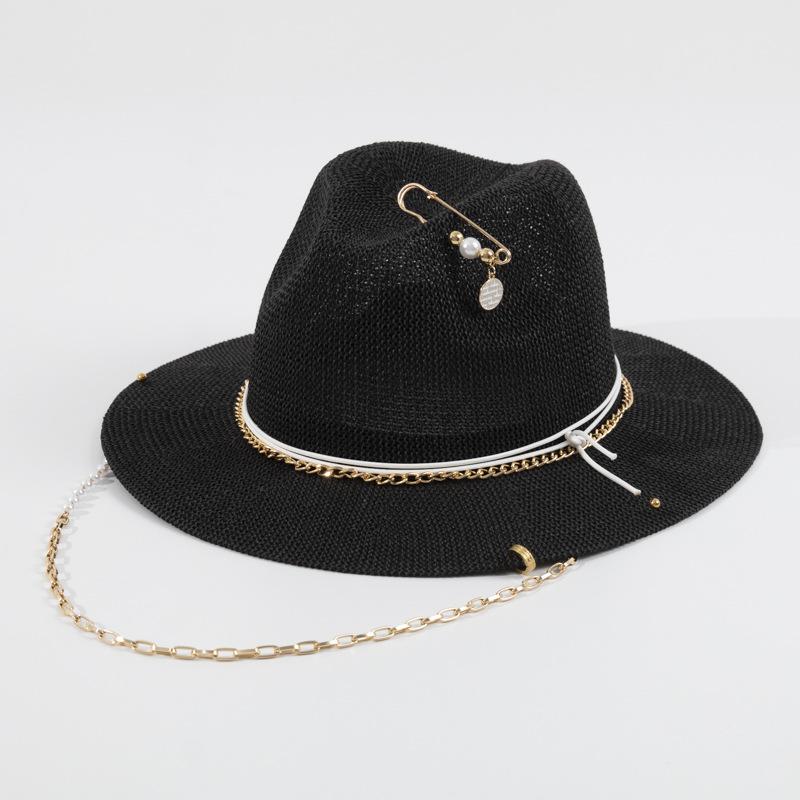 Cross Border Fashion Chain Sun Hat for Women, Panama Straw Hat with Metal Chain, Vacation Beach Sun Cap