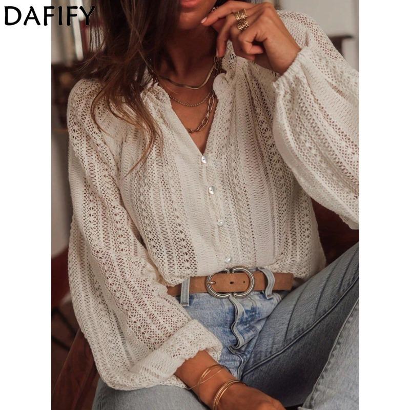 DAFIFY Women's Fashion Casual Spring Autumn Solid Color Print Long Sleeve V-Neck Blouses & Shirts