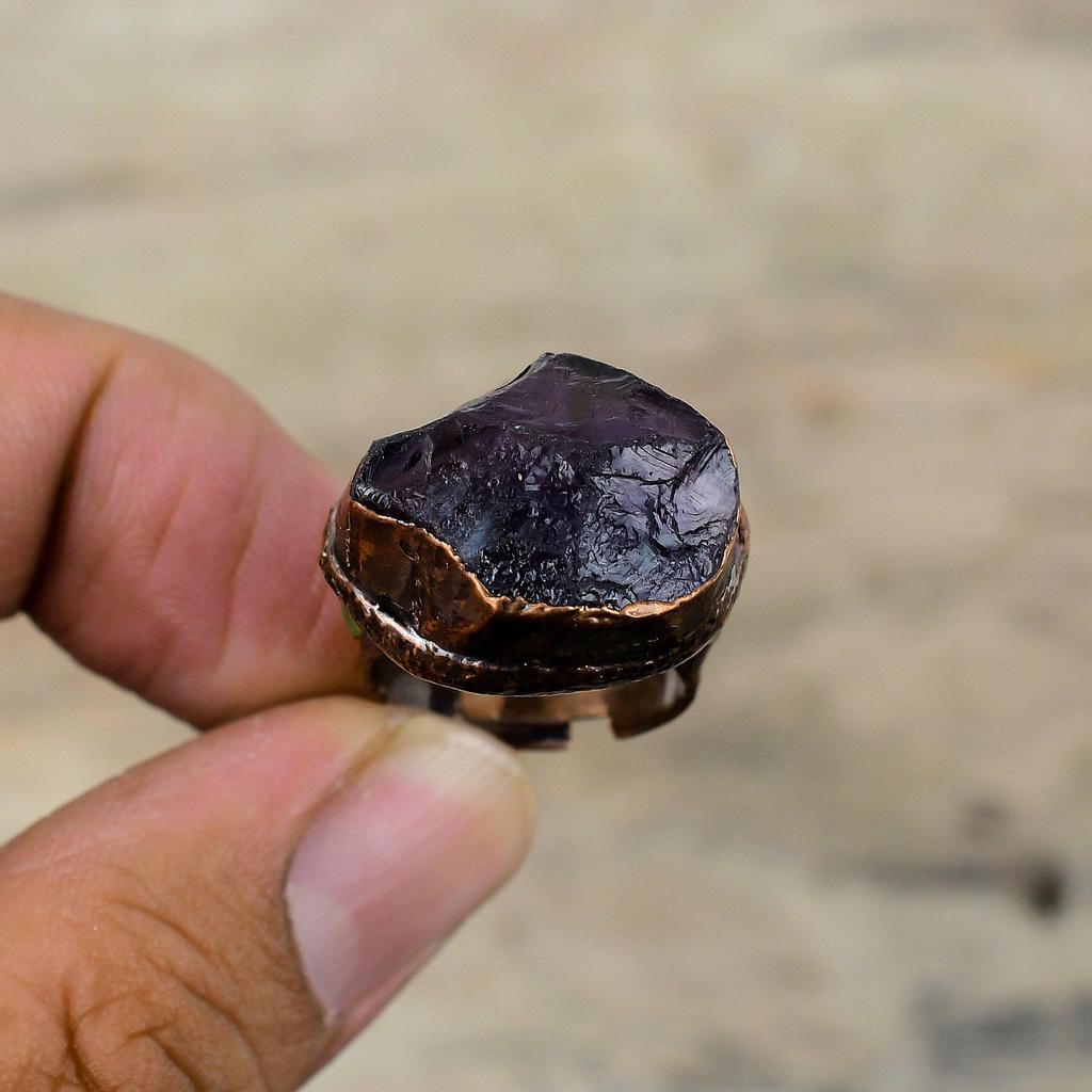 African Amethyst Rough Ring Green Tourmaline Rough Gemstone Ring Electroformed Copper Ring Adjustable Rings Handmade Electroformed Jewelry