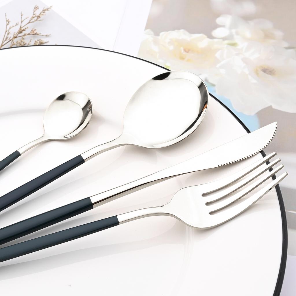 30pcs Black Gold Dinnerware Set Stainless Steel Flatware Set Cake Fork Coffee Spoon Knife Silverware Tableware Set Cutlery Set